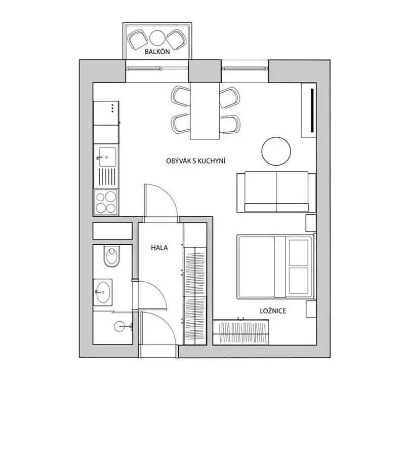 Půdorys: Apartmán Studio 36m2 na Klínovci pro 4 osoby s rozkládací pohovkou, ložnicí, plně vybavenou kuchyní, koupelnou a parkovacím místem.